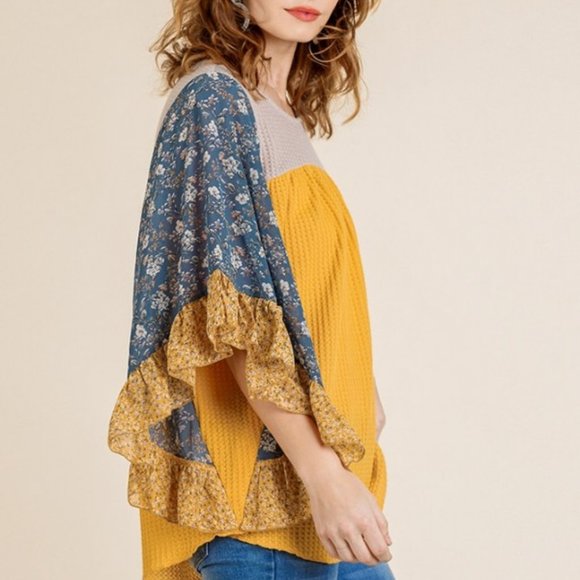 Umgee Golden Floral Mixed Ruffle Bell Sleeve Tunic - Picture 4 of 5